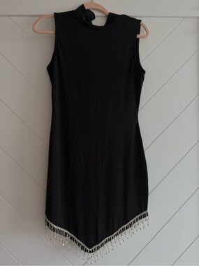 Black Sleeveless Mini Dress with Beaded Fringe